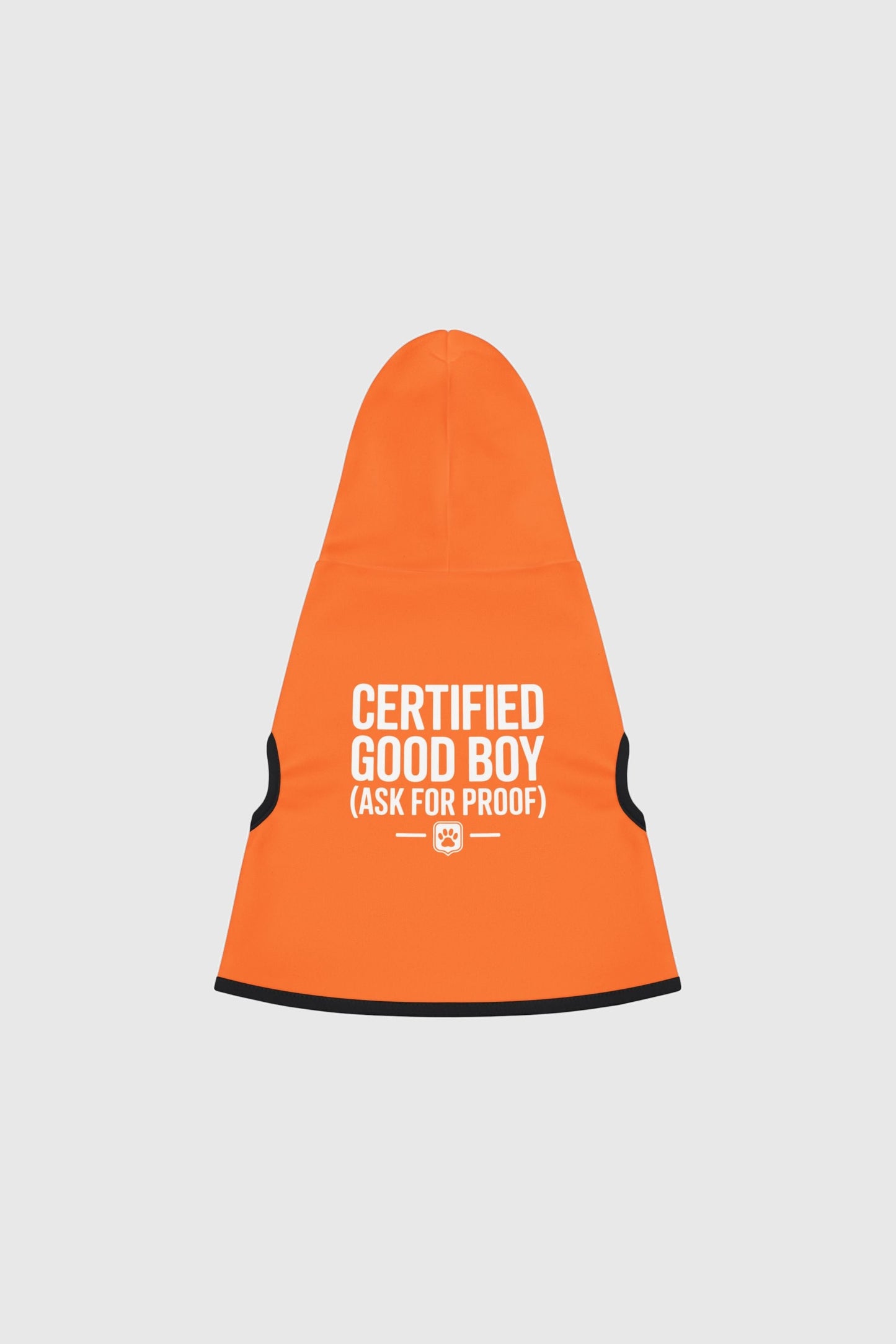 Golden retriever in orange certified good boy dog hoodie