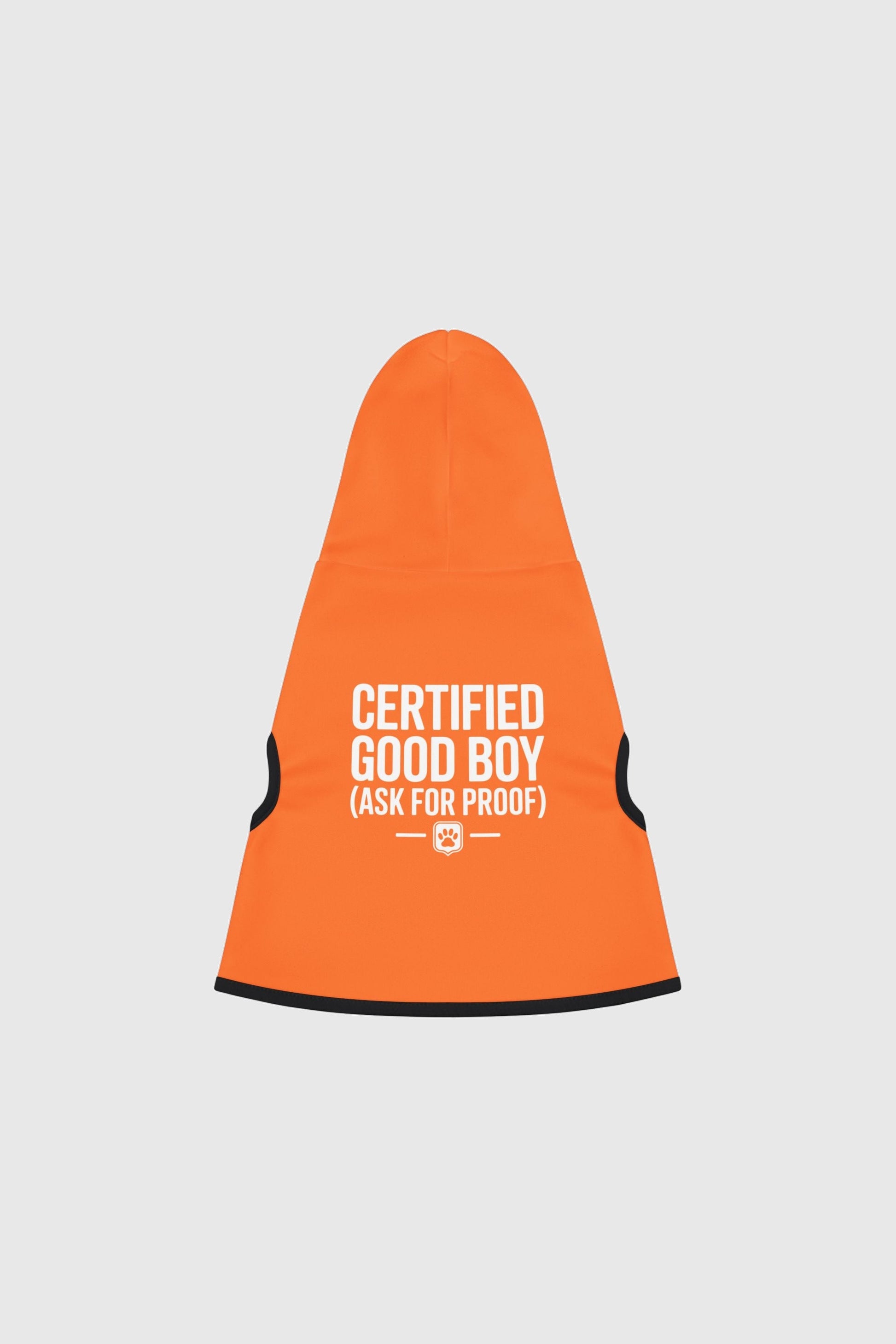 Golden retriever in orange certified good boy dog hoodie