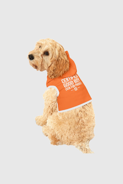 Certified good boy print detail on orange dog hoodie