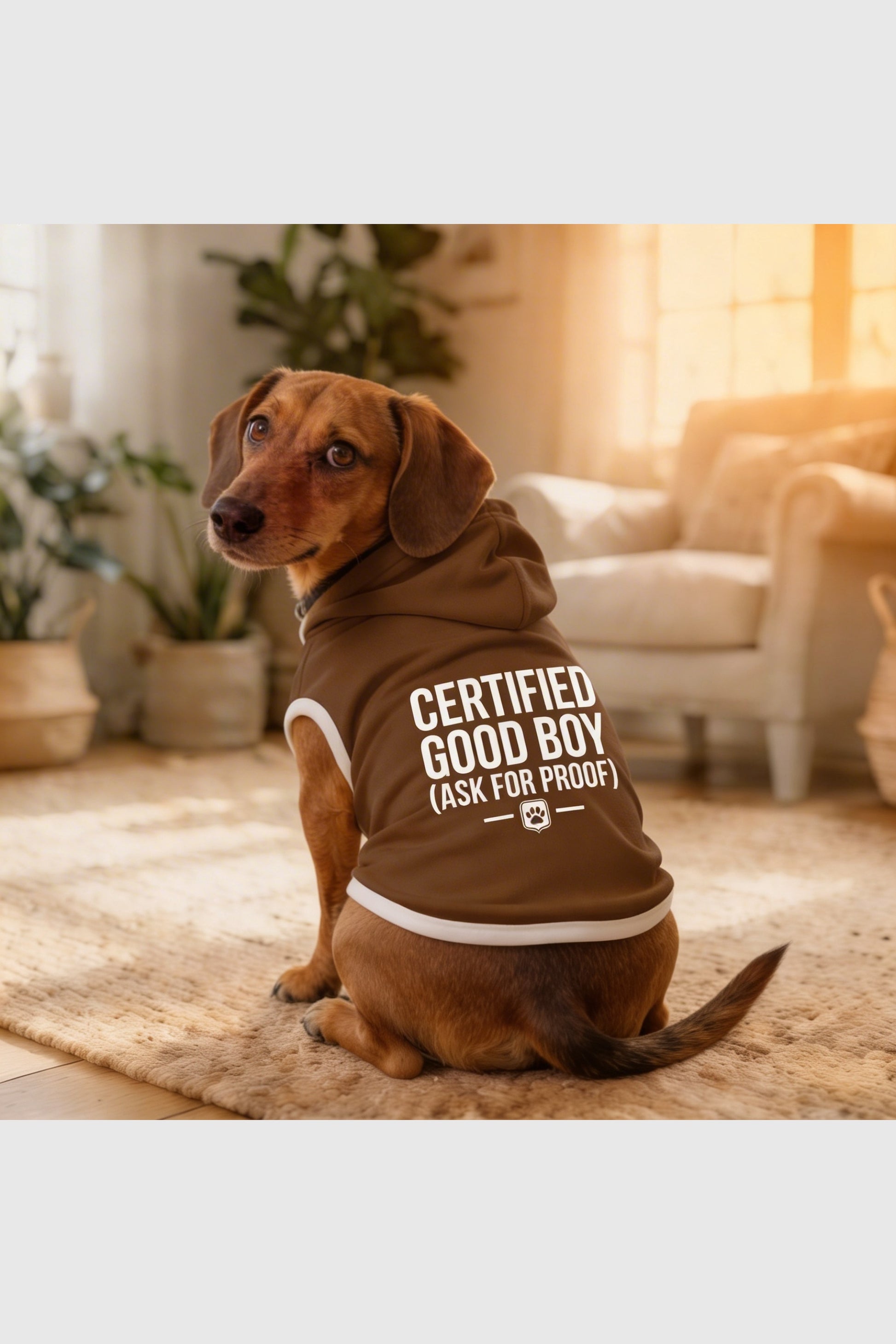 Brown dog hoodie with certified good boy print, pullover style
