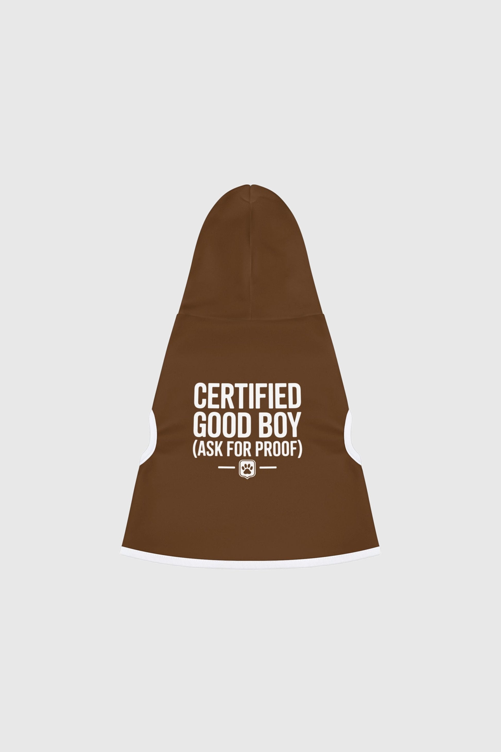 Dachshund wearing brown certified good boy dog hoodie