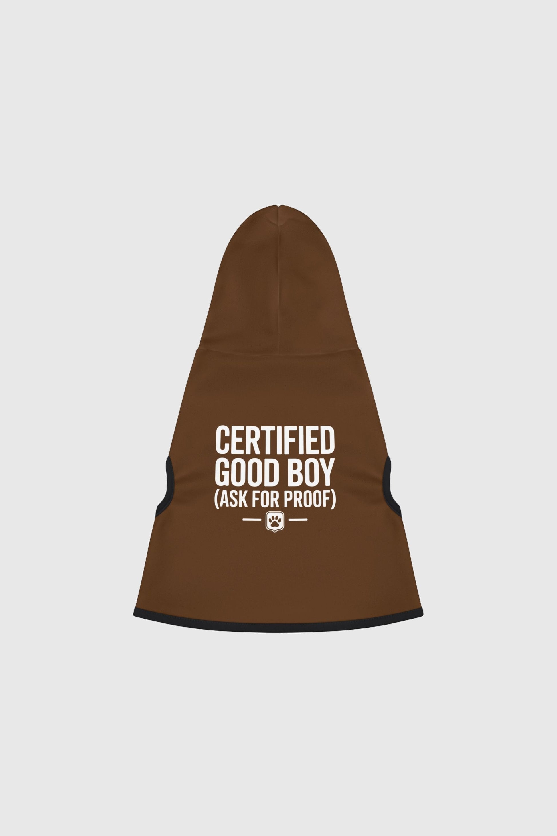 Golden retriever in brown certified good boy dog hoodie
