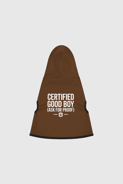 Golden retriever in brown certified good boy dog hoodie