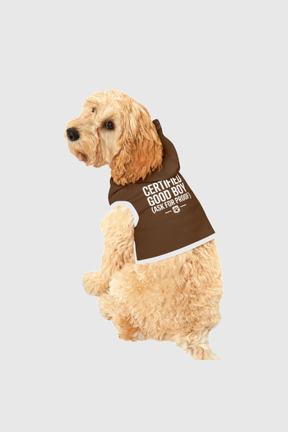 Certified good boy print detail on brown dog hoodie