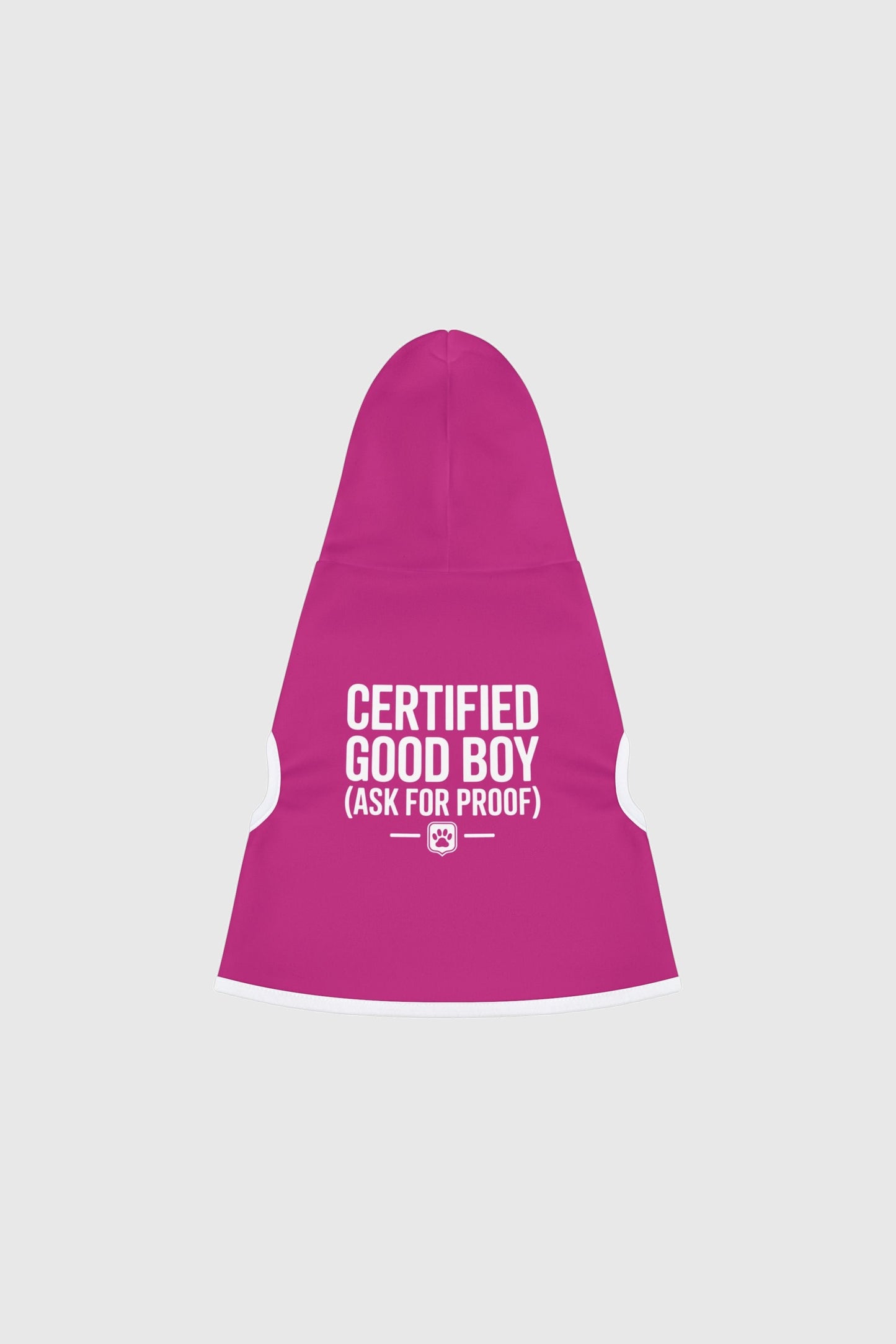 Dachshund wearing pink certified good boy dog hoodie