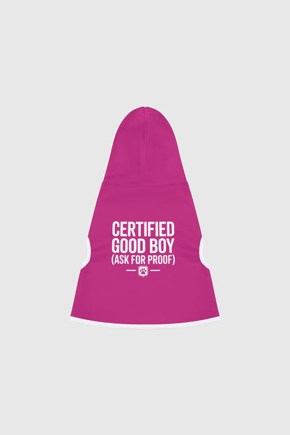 Dachshund wearing pink certified good boy dog hoodie