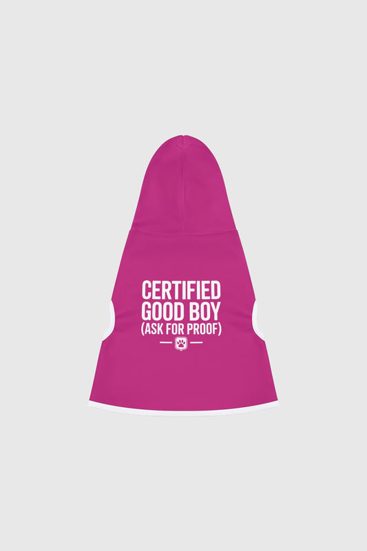 Dachshund wearing pink certified good boy dog hoodie