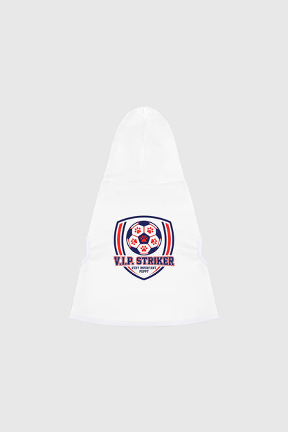 Border collie wearing white vip striker soccer dog hoodie