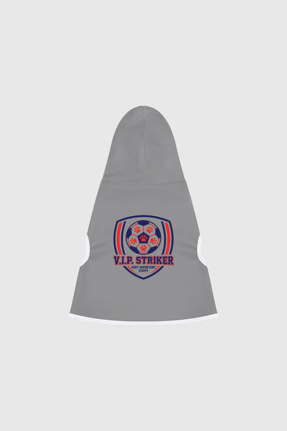 Border collie wearing light gray vip striker soccer dog hoodie
