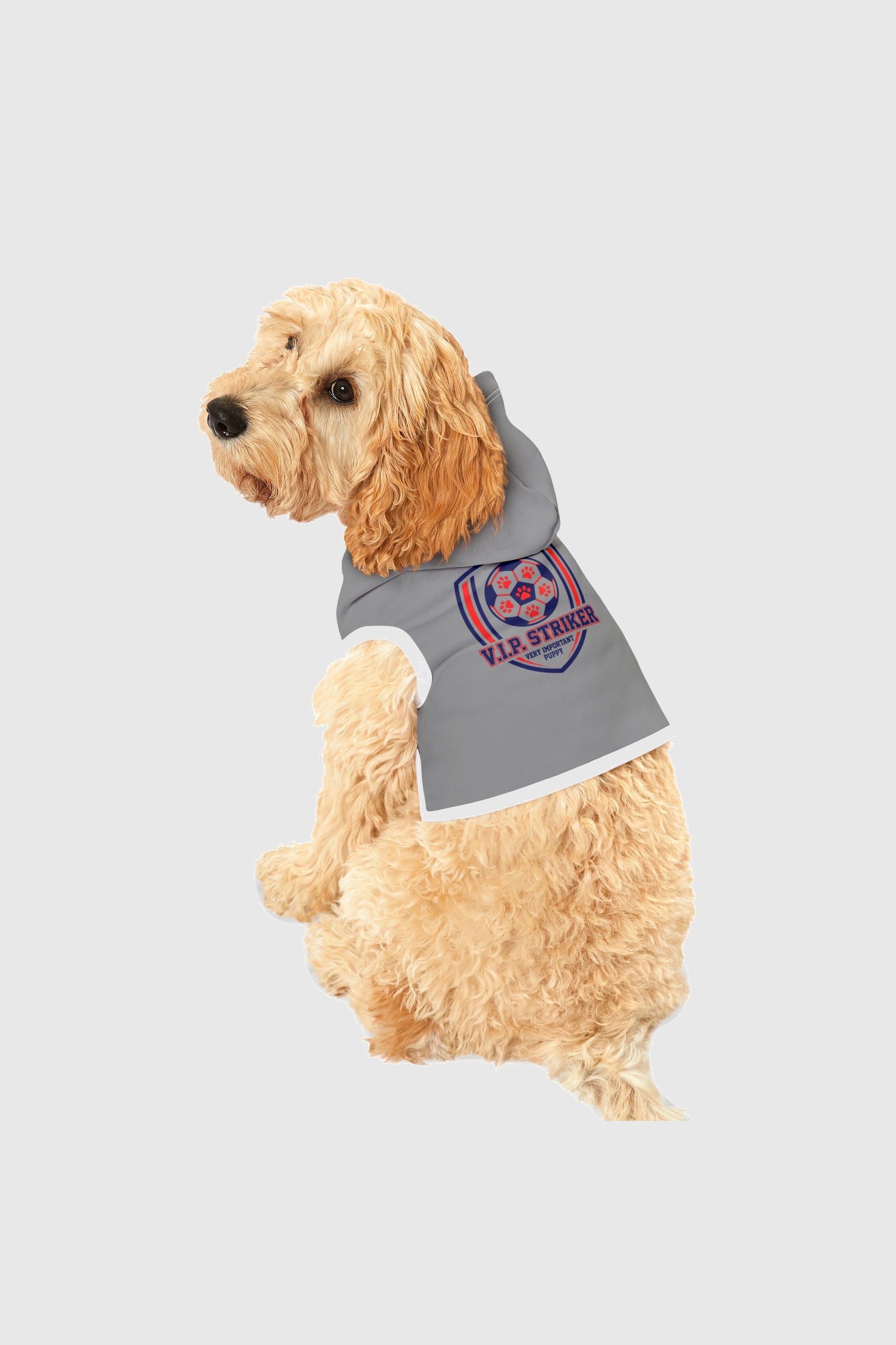 Vip striker soccer print detail on light gray dog hoodie