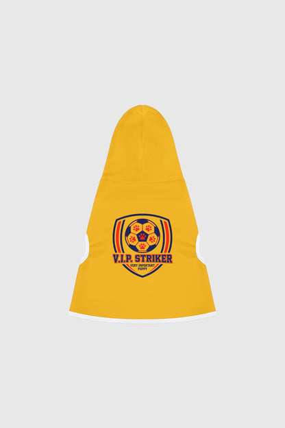 Border collie wearing yellow vip striker soccer dog hoodie