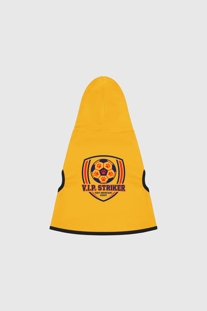 Weimaraner in yellow vip striker soccer dog hoodie