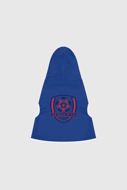 Border collie wearing blue vip striker soccer dog hoodie