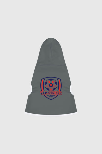 Border collie wearing gray vip striker soccer dog hoodie