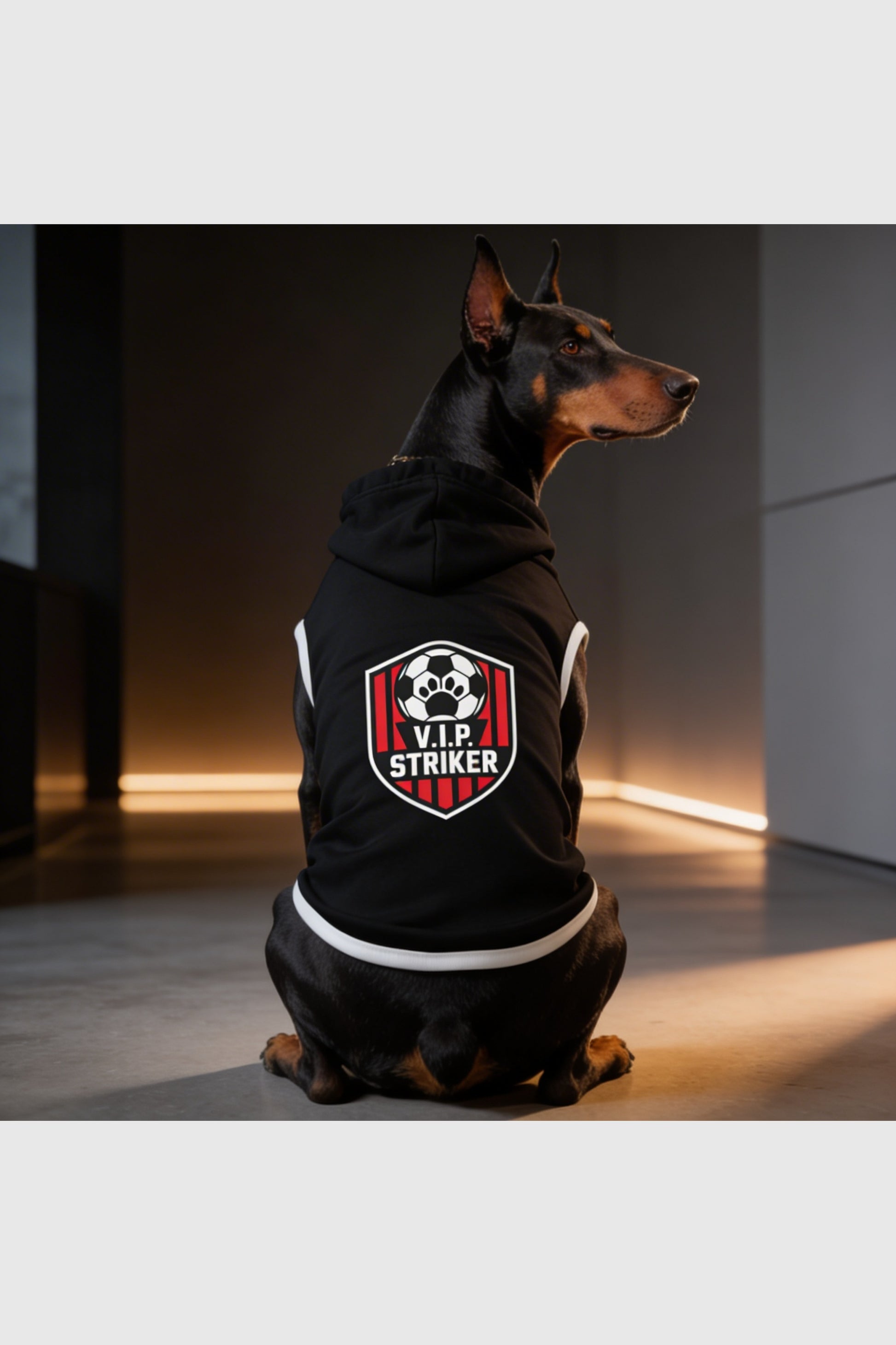 Black dog hoodie with vip striker soccer print, pullover style