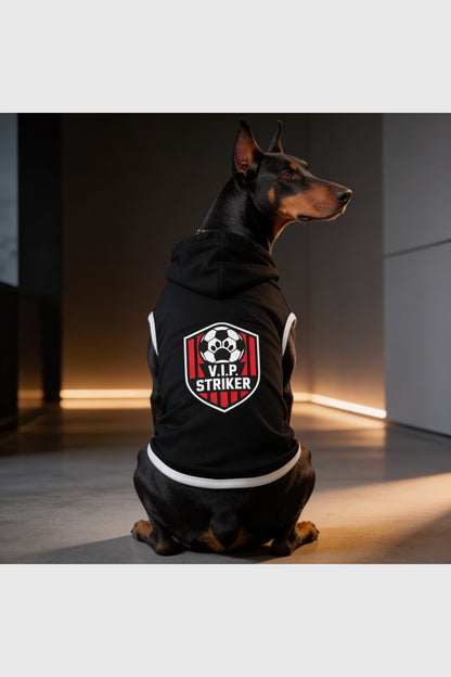 Black dog hoodie with vip striker soccer print, pullover style