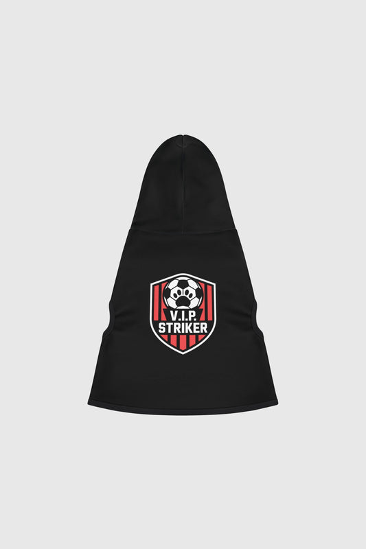 Border collie wearing black vip striker soccer dog hoodie