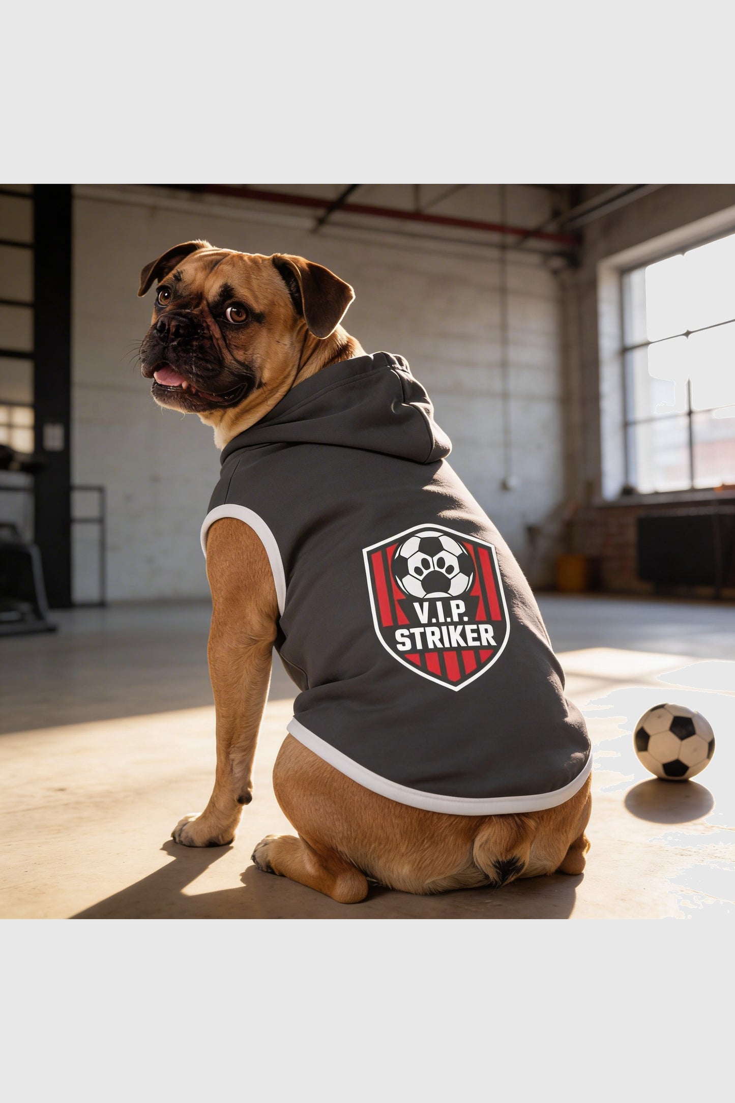Dark gray dog hoodie with vip striker soccer print, pullover style