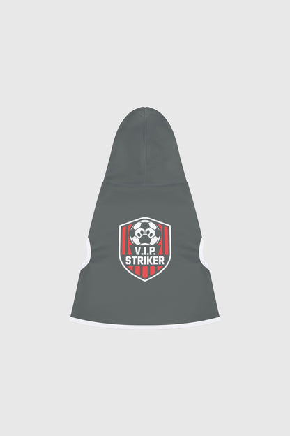 Border collie wearing dark gray vip striker soccer dog hoodie