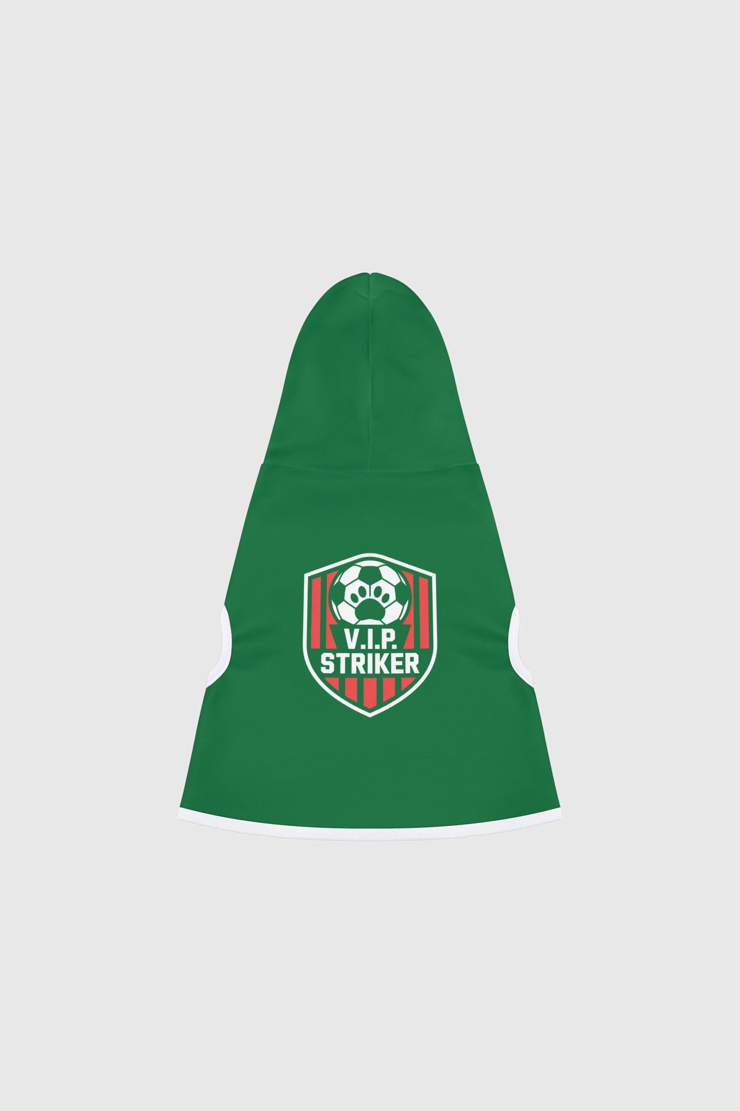Border collie wearing green dog hoodie with VIP striker soccer print