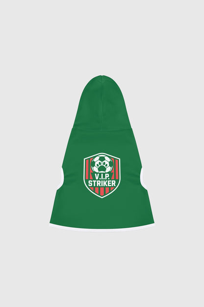 Border collie wearing green dog hoodie with VIP striker soccer print