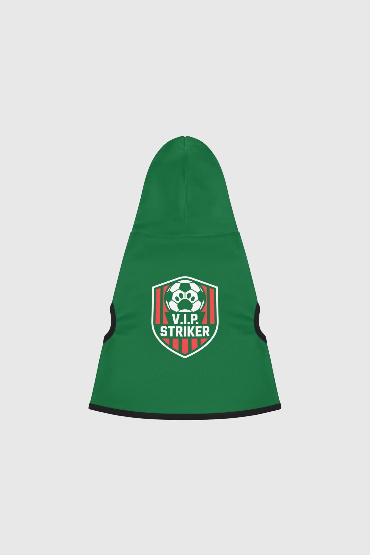 Dachshund wearing green VIP striker soccer dog hoodie