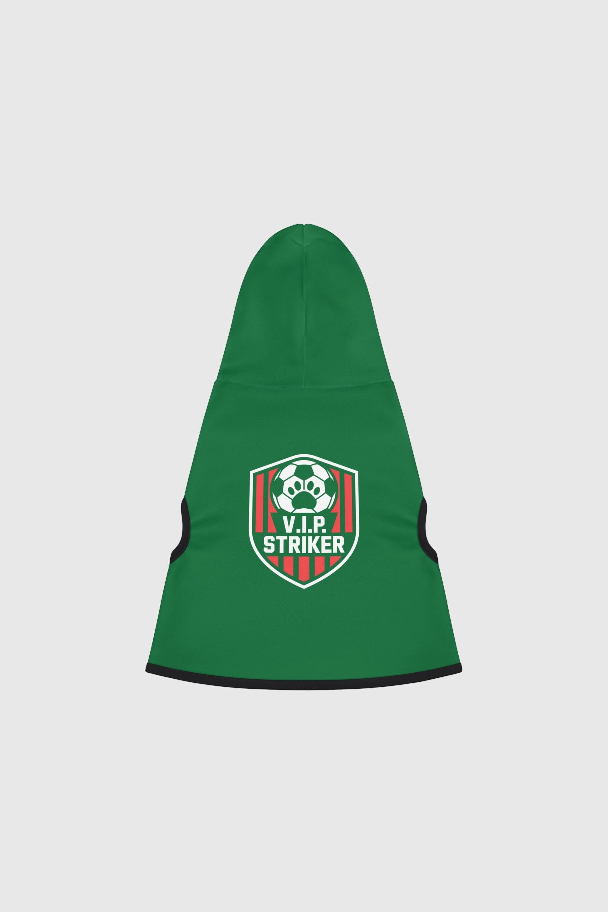 Dachshund wearing green VIP striker soccer dog hoodie