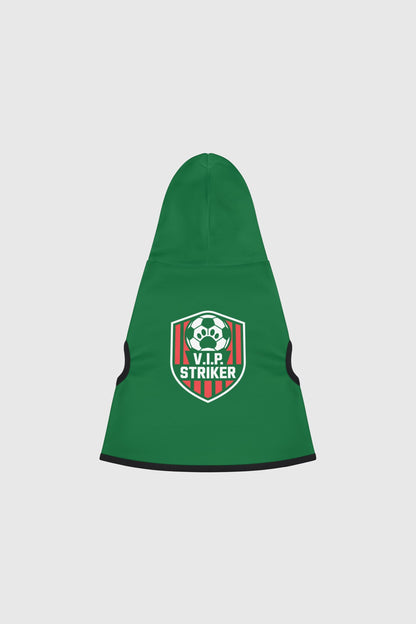 Dachshund wearing green VIP striker soccer dog hoodie