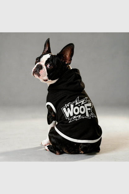 Black dog hoodie with WOOF graphic print, pullover style