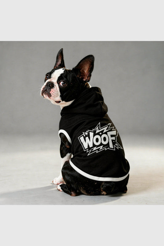 Black dog hoodie with WOOF graphic print, pullover style