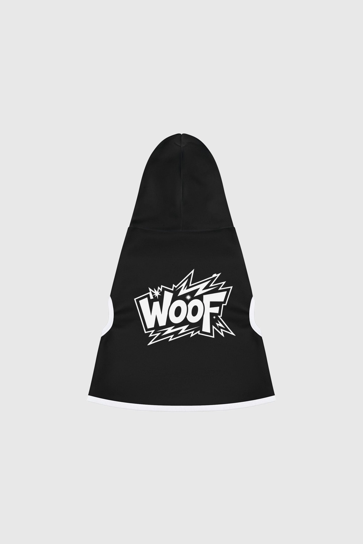 Basset hound wearing black WOOF dog hoodie