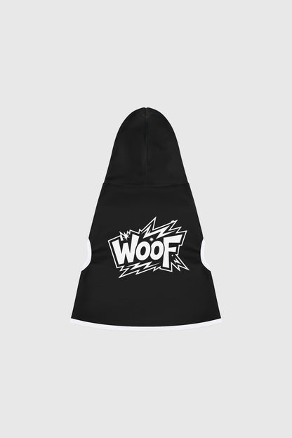 Basset hound wearing black WOOF dog hoodie