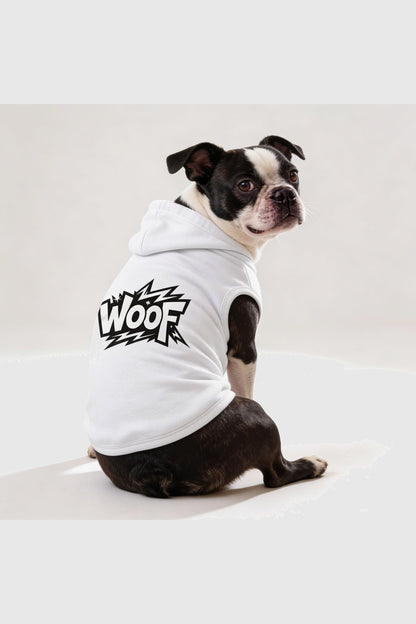 White dog hoodie with WOOF graphic print, pullover style