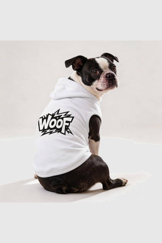 White dog hoodie with WOOF graphic print, pullover style