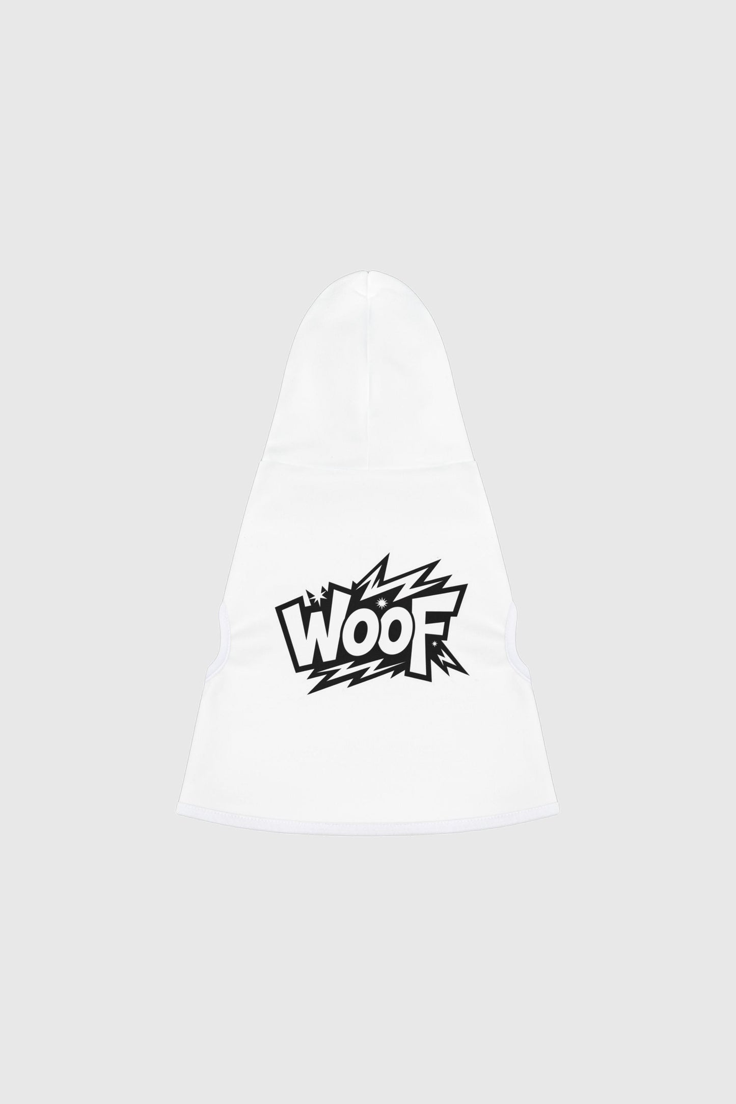 Dachshund wearing white dog hoodie with WOOF graphic print