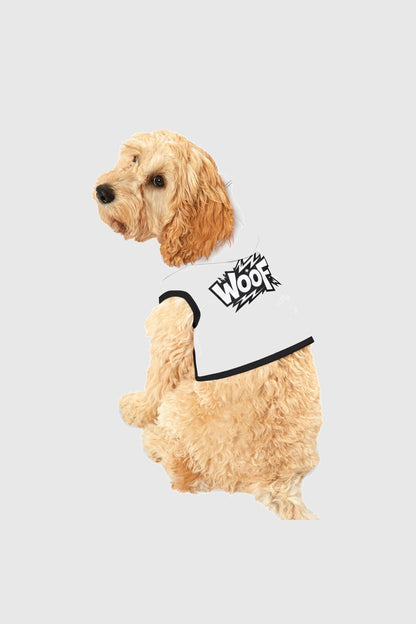 White dog hoodie with WOOF print, adjustable hood