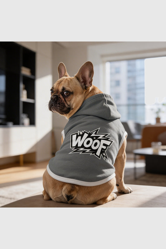 Grey dog hoodie with WOOF graphic print, pullover style