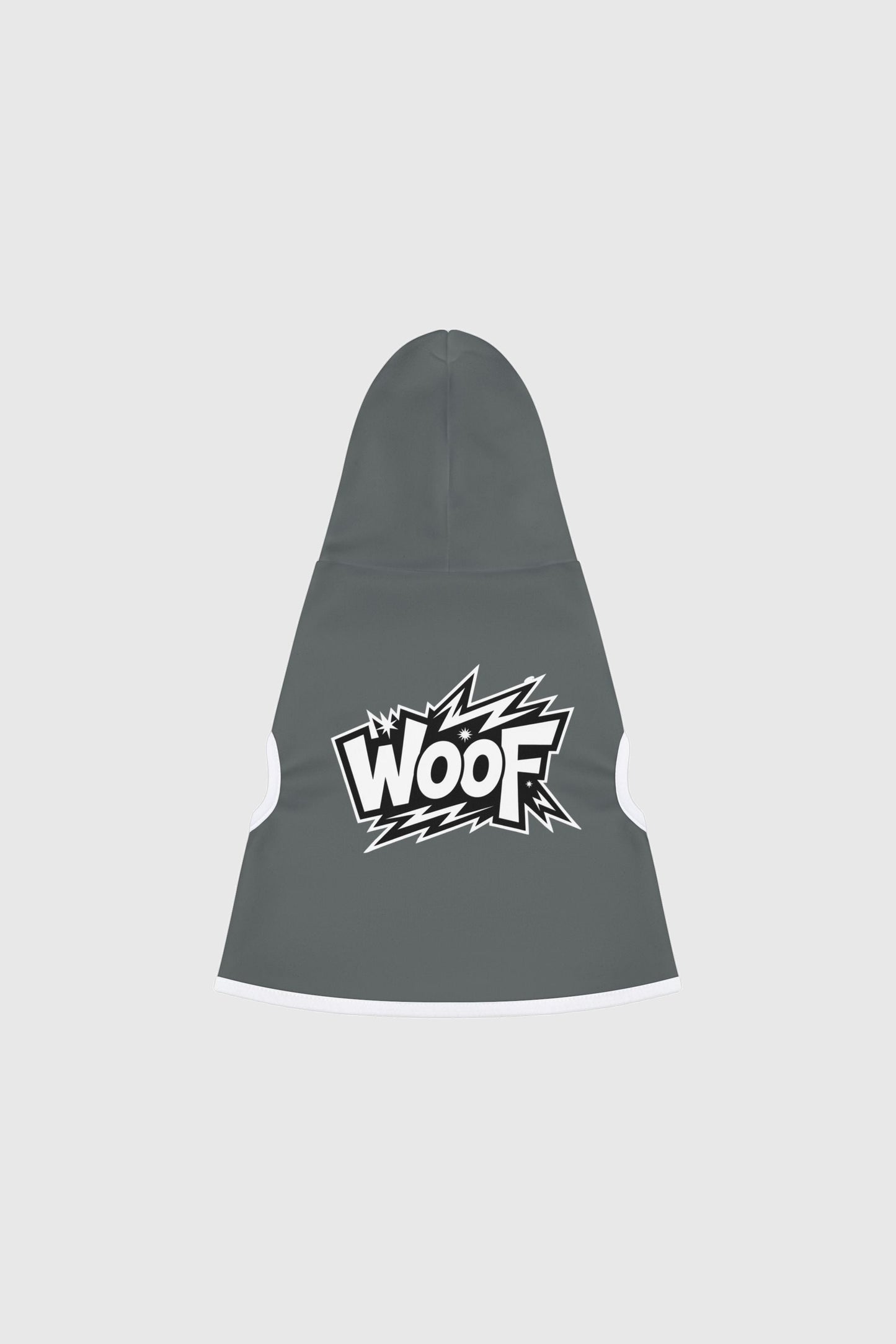 Dachshund wearing grey dog hoodie with WOOF print