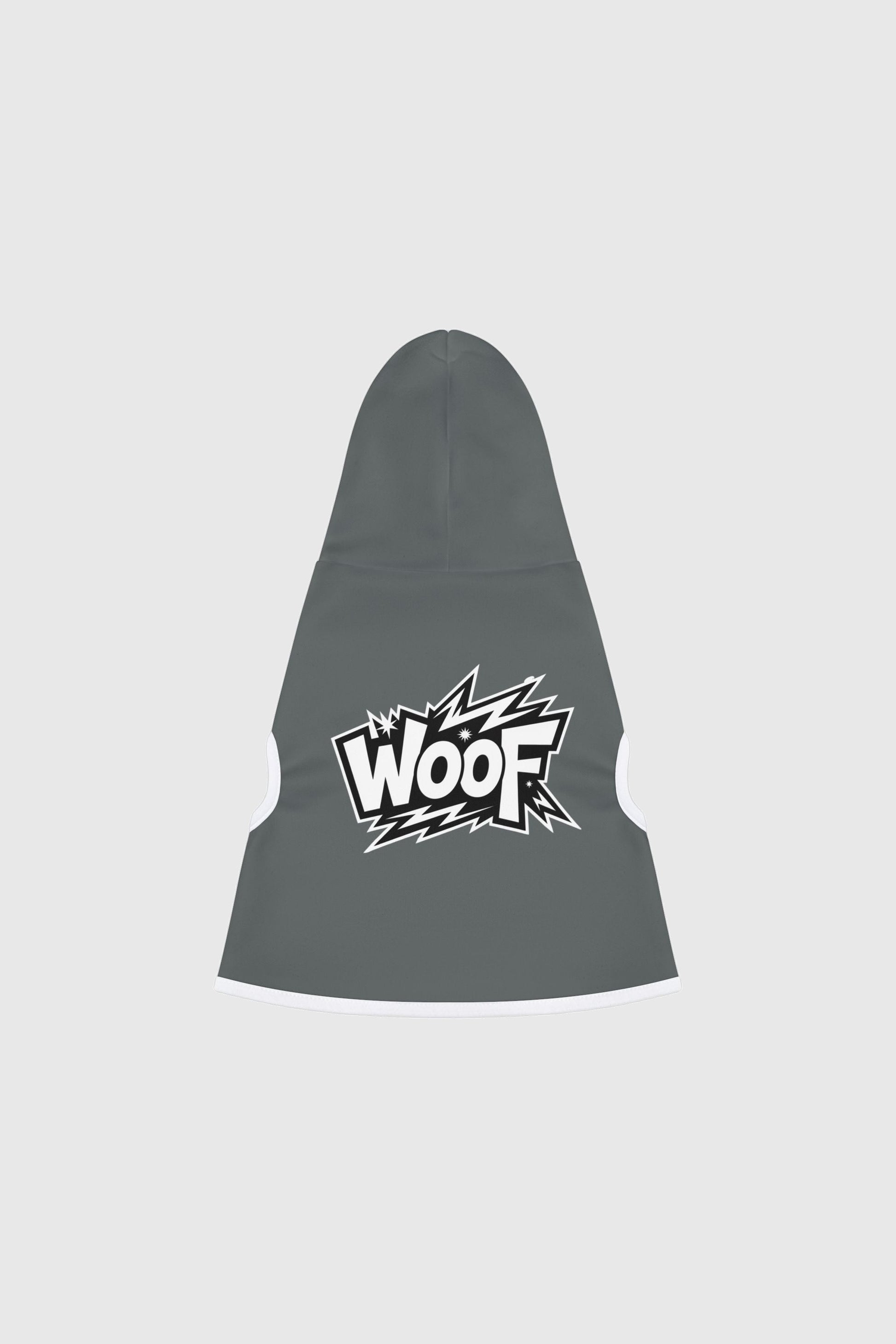 Dachshund wearing grey dog hoodie with WOOF print