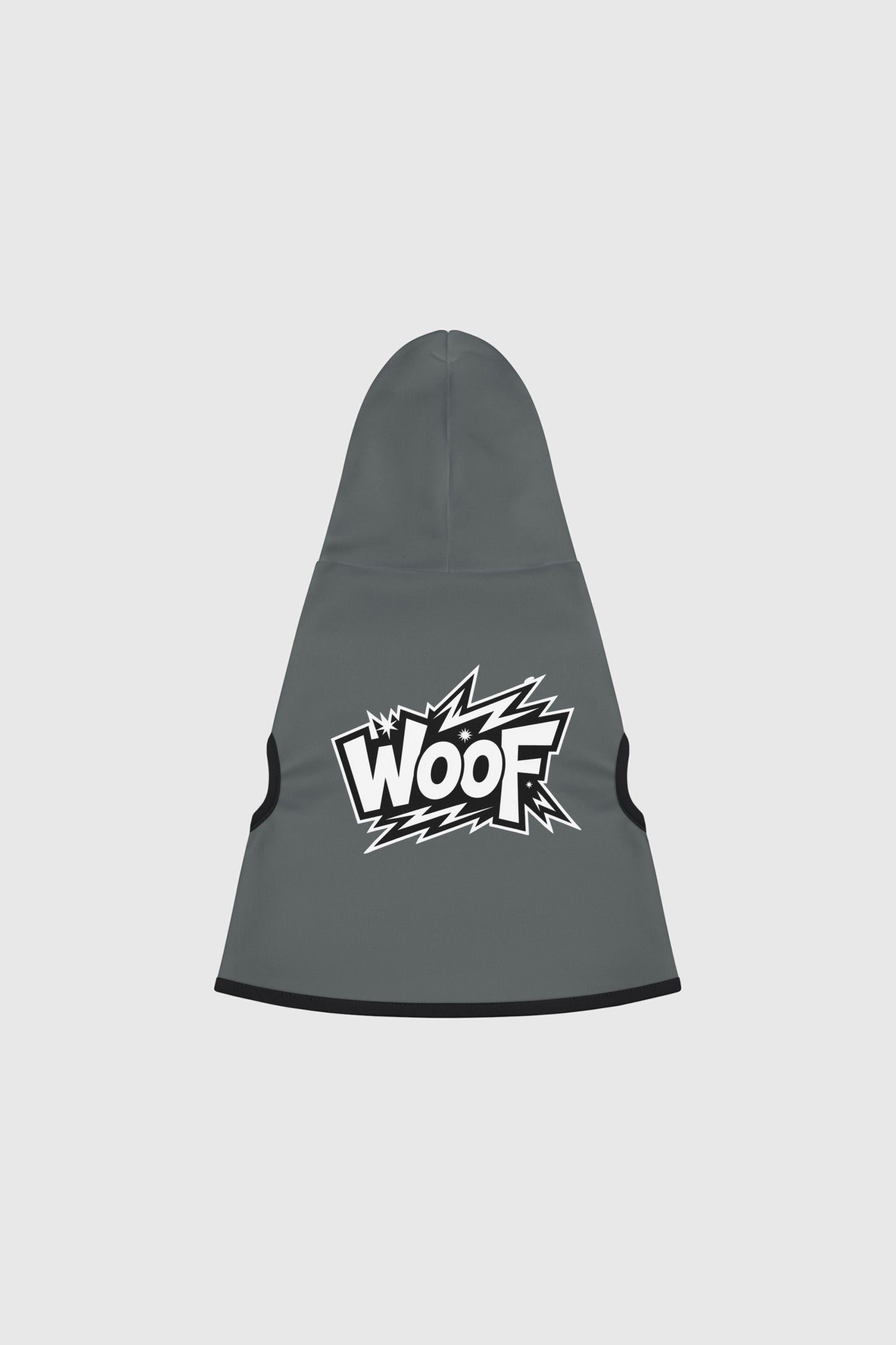 Beagle wearing grey WOOF graphic dog hoodie