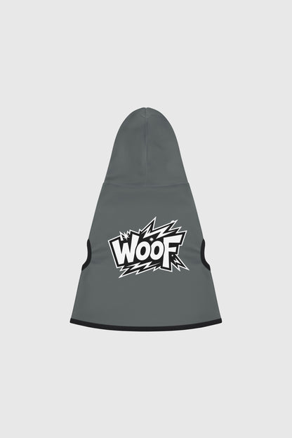 Beagle wearing grey WOOF graphic dog hoodie