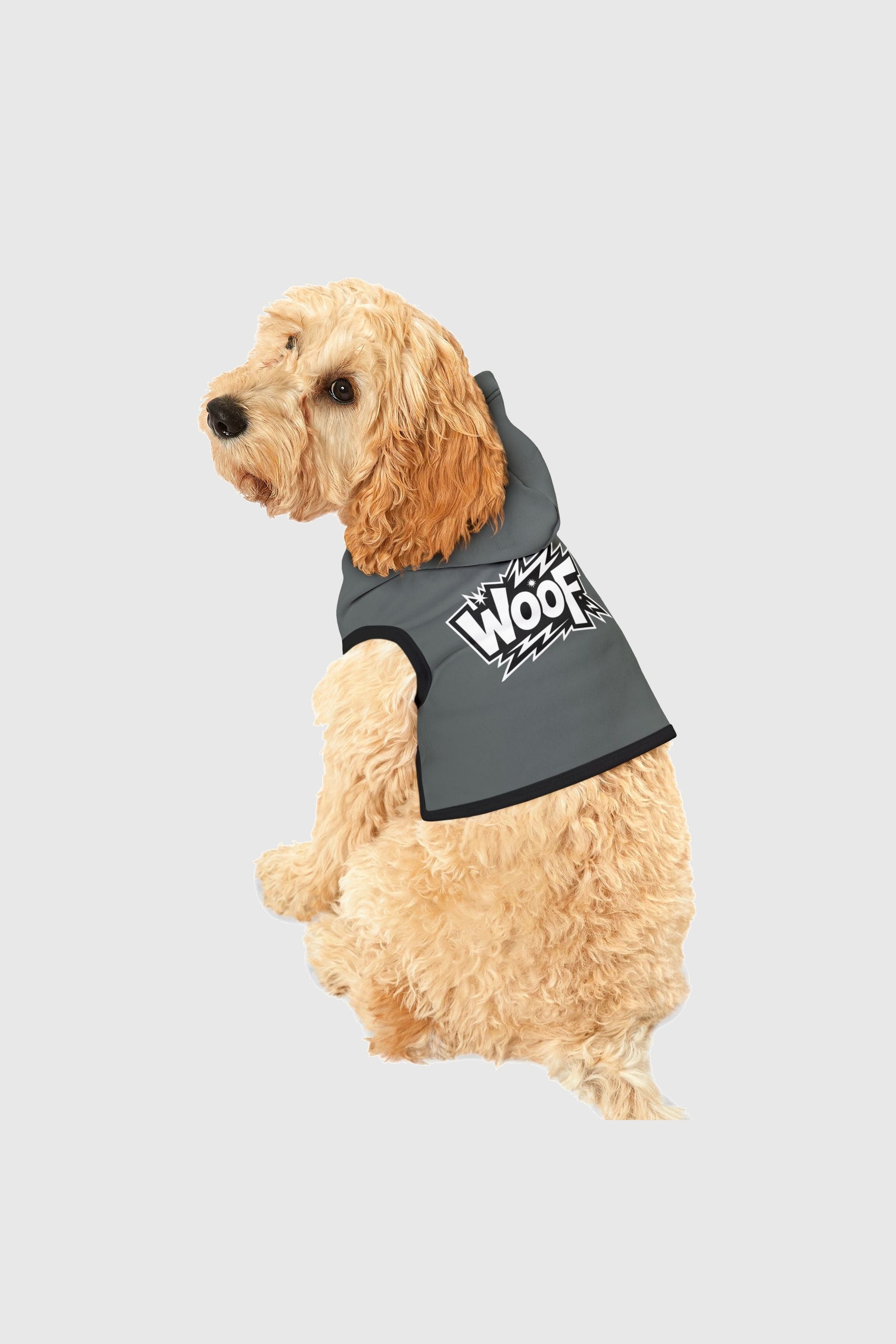 Grey dog hoodie with WOOF graphic, back view