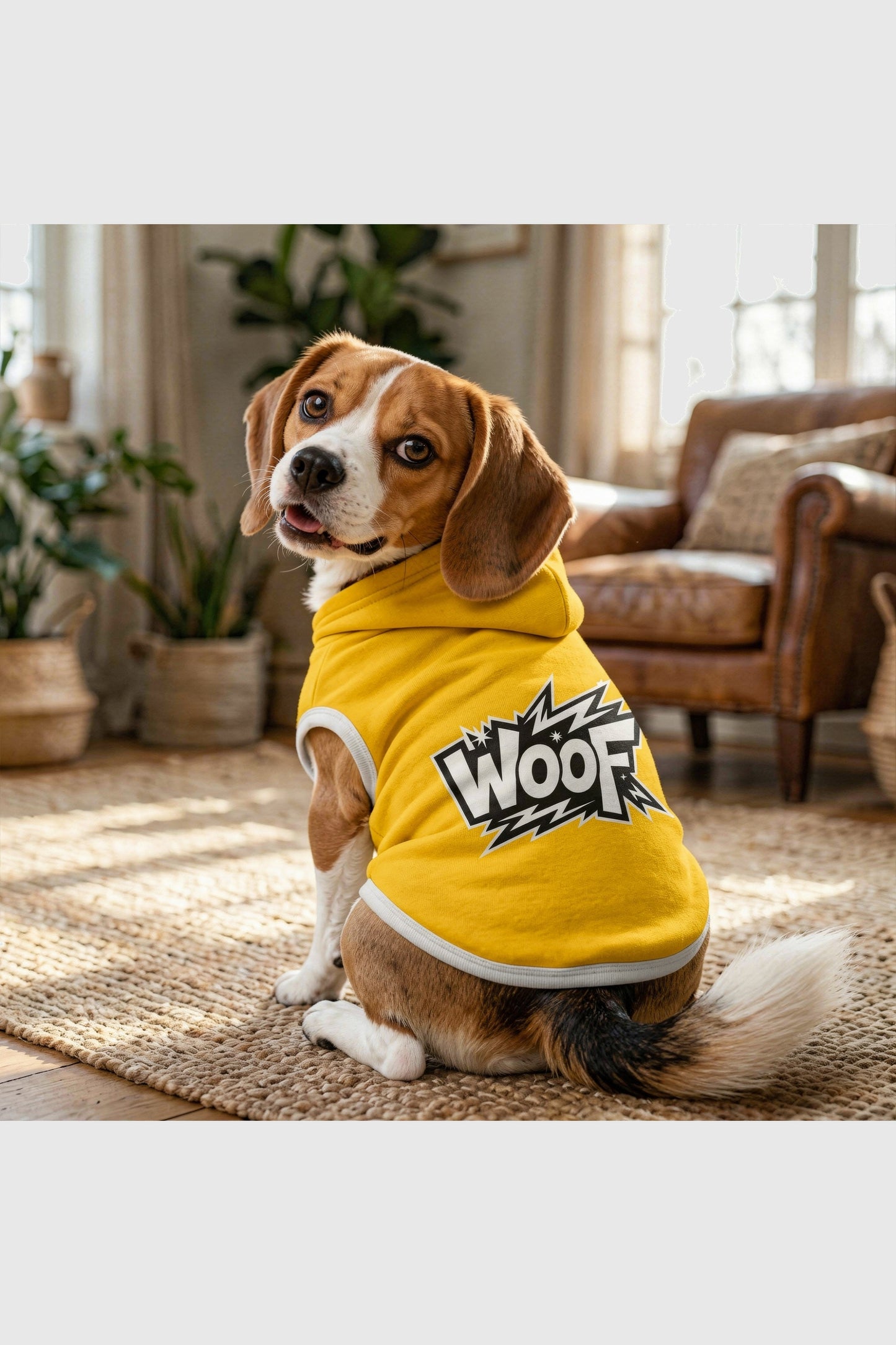 Yellow dog hoodie with WOOF graphic print, pullover style