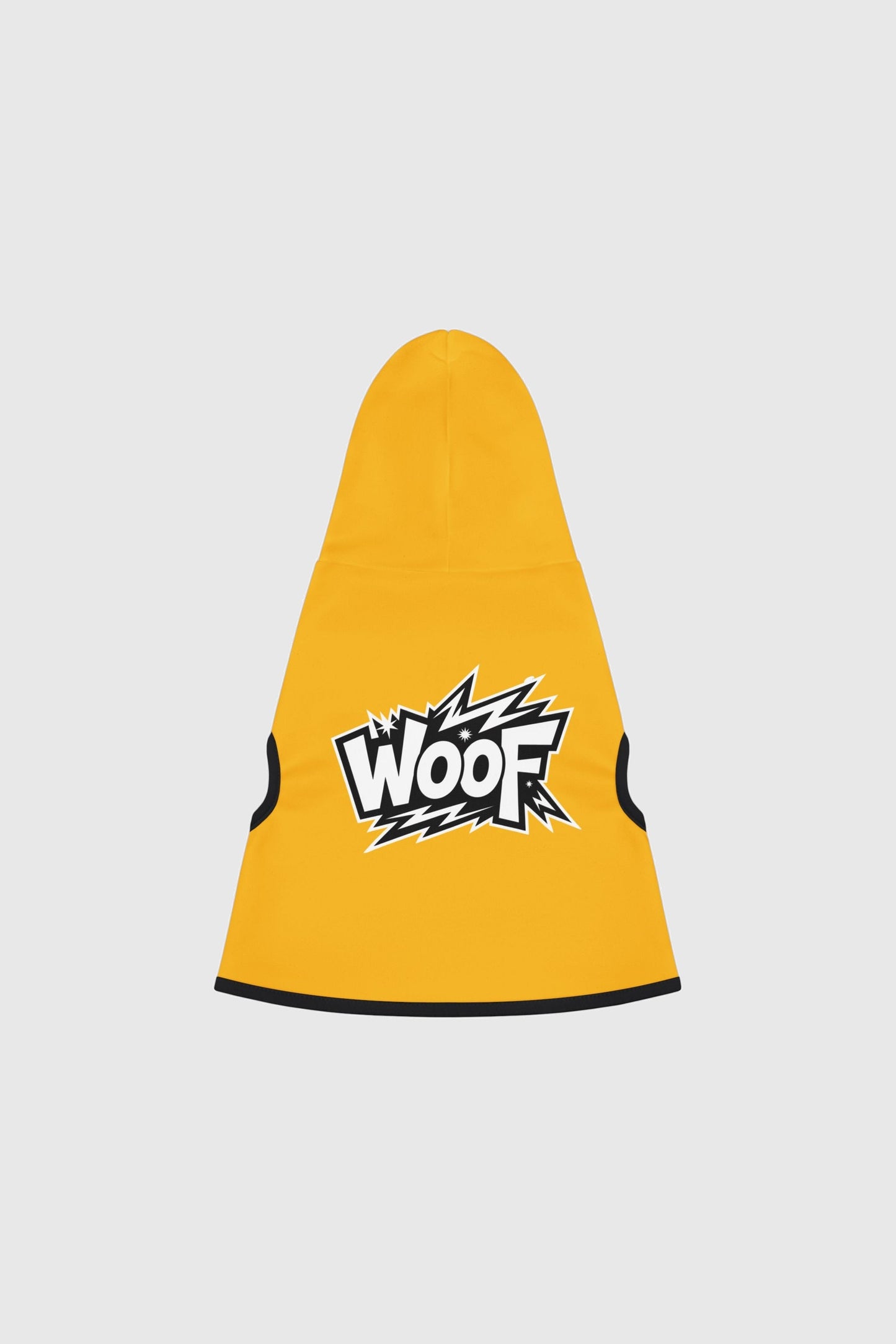 Weimaraner wearing yellow WOOF graphic dog hoodie