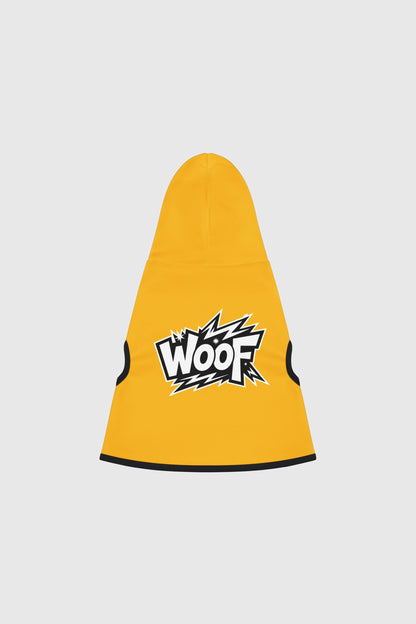 Weimaraner wearing yellow WOOF graphic dog hoodie