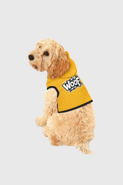 WOOF print detail on yellow dog hoodie