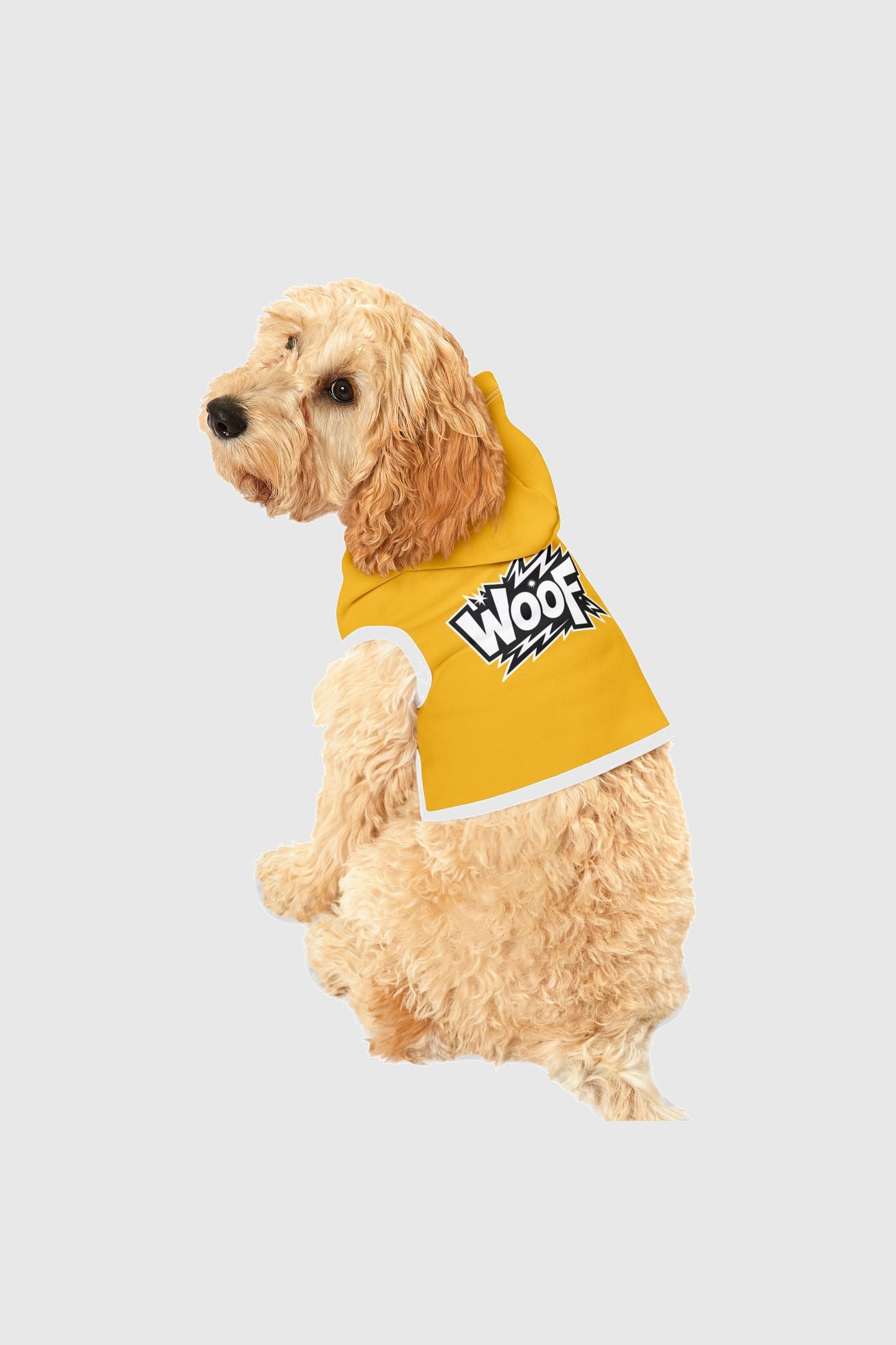 Yellow dog hoodie with WOOF graphic, adjustable hood