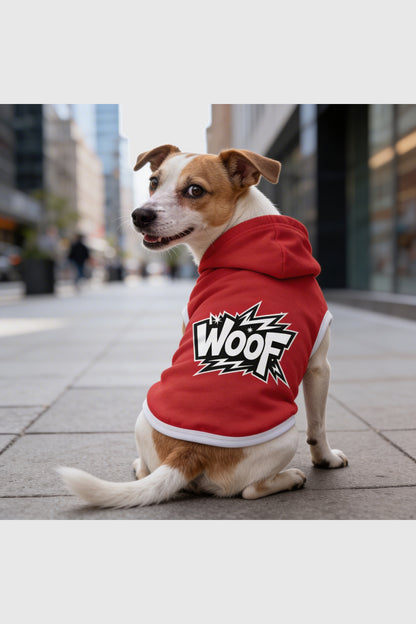Red dog hoodie with WOOF graphic print, pullover style