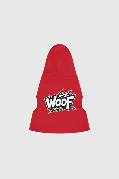 Dachshund wearing red dog hoodie with WOOF print