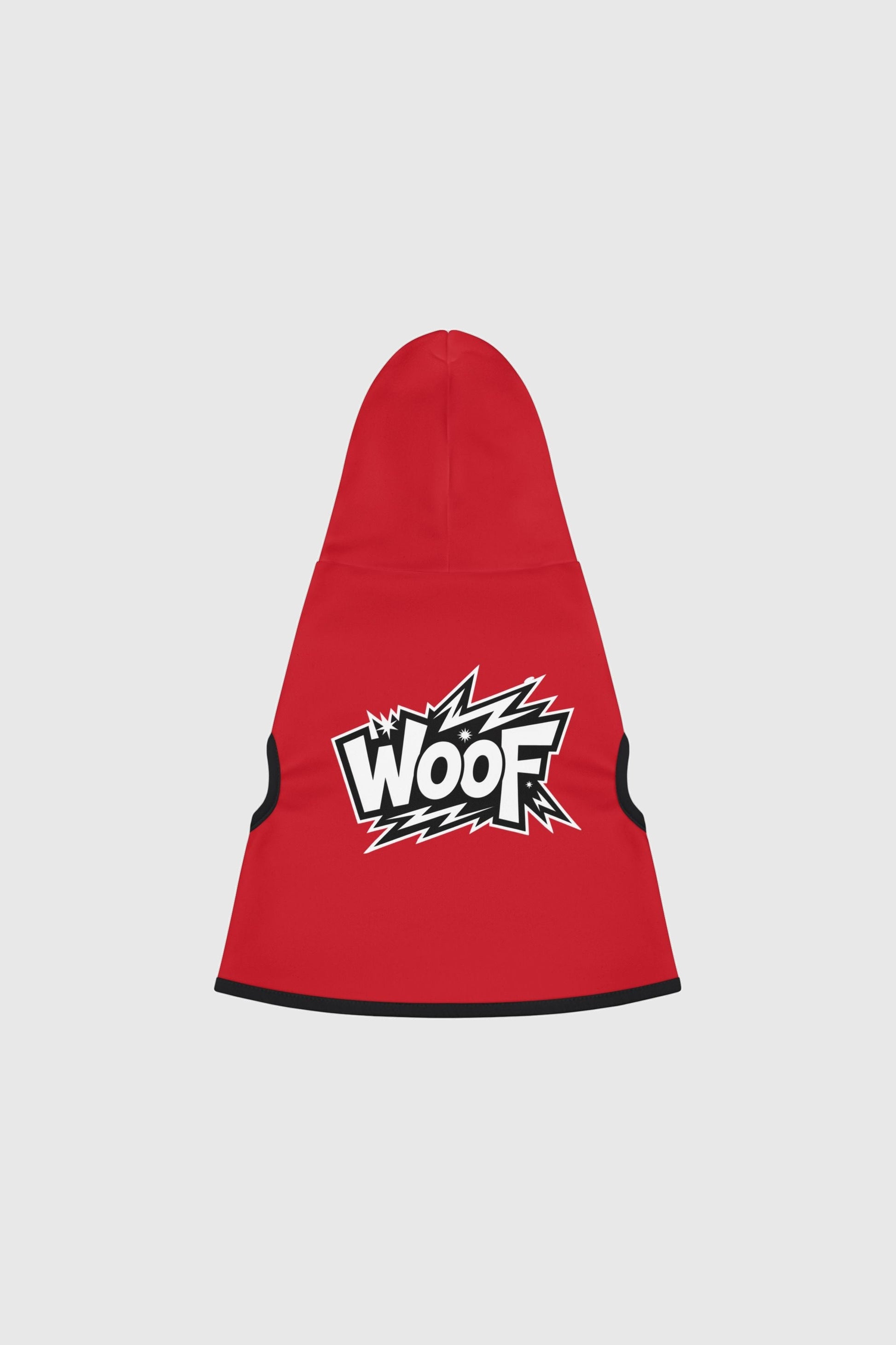 Australian cattle dog wearing red WOOF graphic dog hoodie